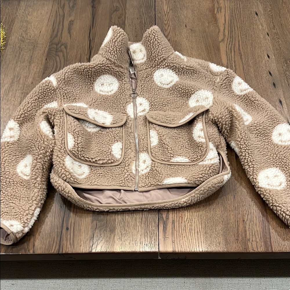 Kids Beige Fleece Jacket with Smiley Faces